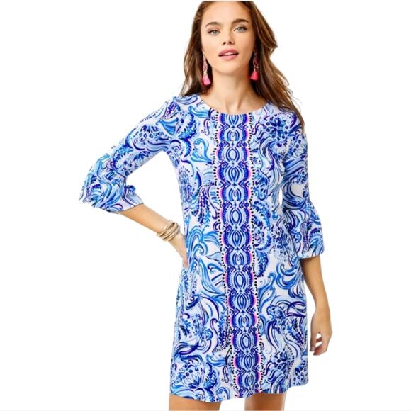 Lilly Pulitzer Ophelia Don't Be Jelly Blue Coastal Preppy Artsy Boho Dress SML - Picture 1 of 10